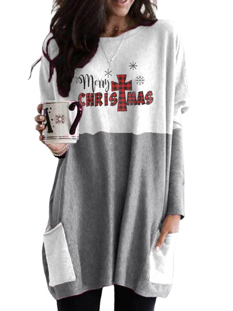 Women's Long Sleeve Color Block Pocket Loose Crewneck T-Shirt