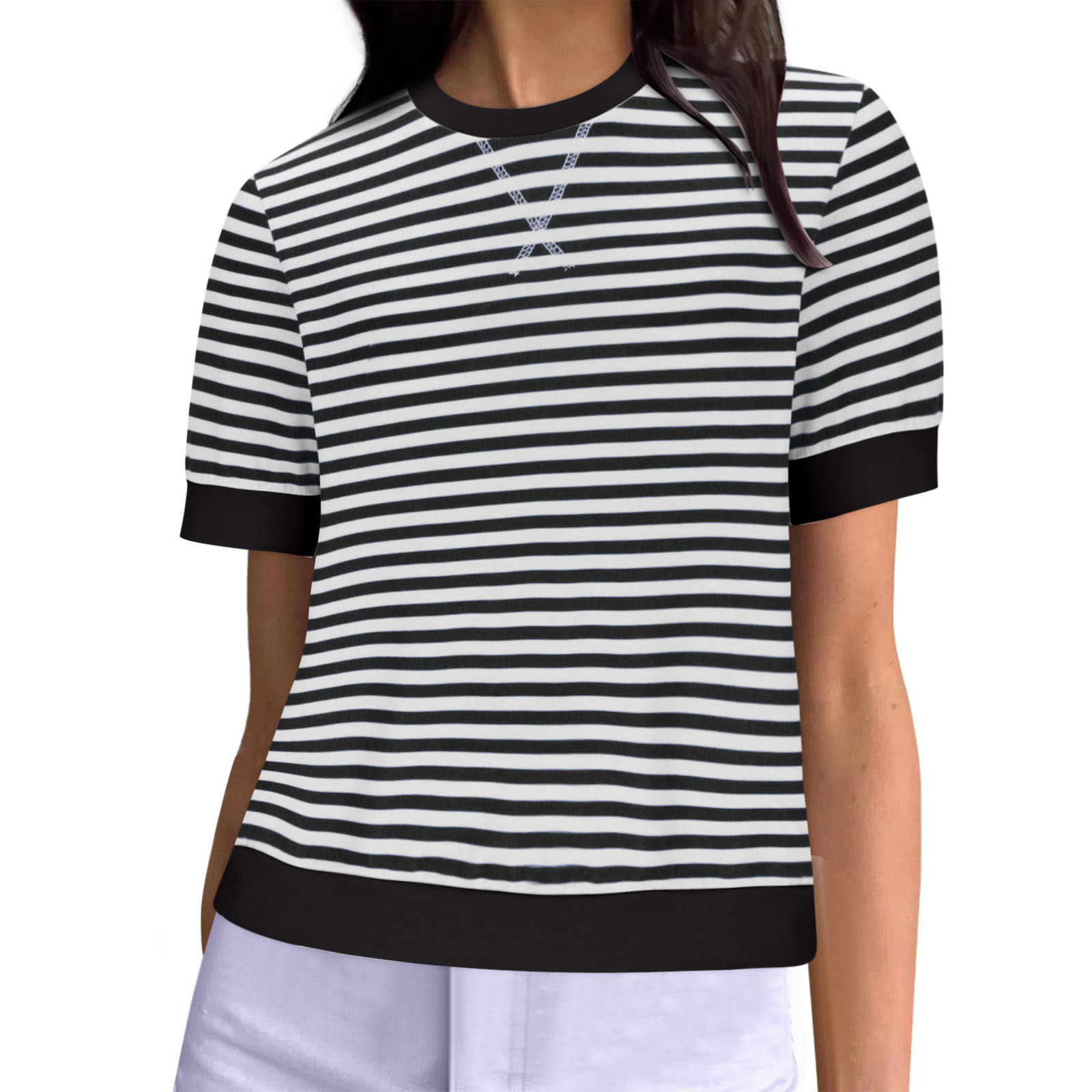 Striped Color-Block Cuff Short-Sleeve Crewneck T-Shirt