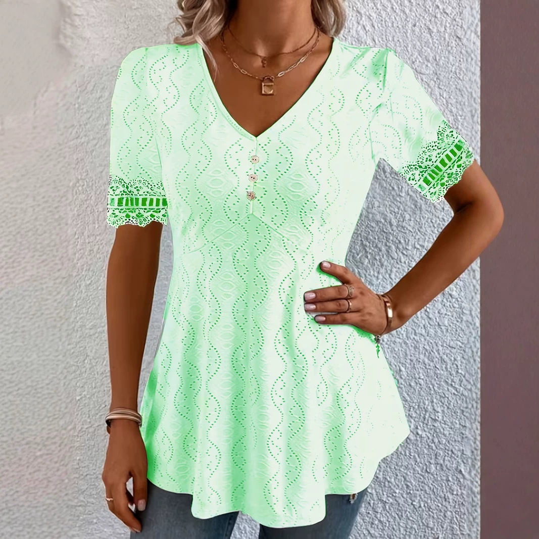 V-Neck Jacquard Lace Hollow-Out Waist-Cinched Short Sleeve Top