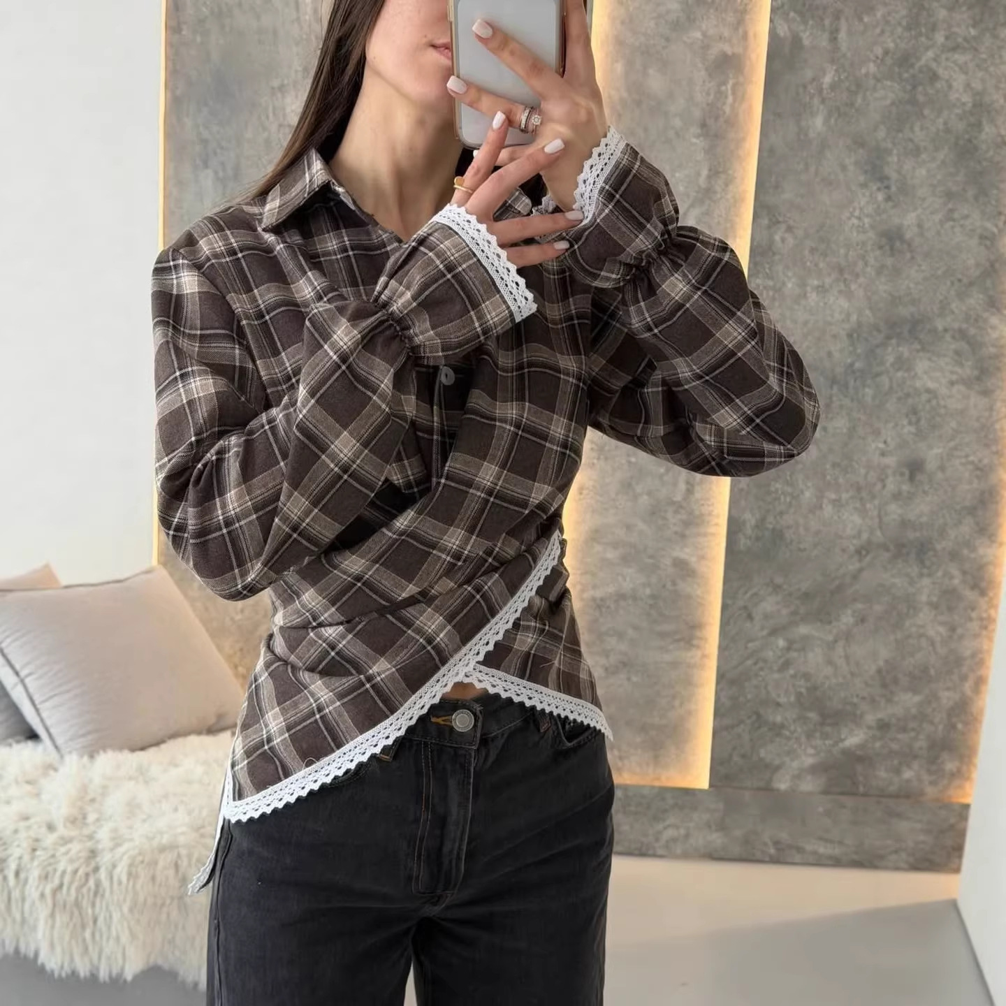 Women's Retro Plaid Long-Sleeve Polo Shirt