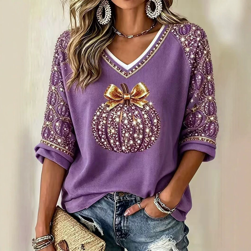 Halloween Pumpkin Bow Print V-Neck Half-Sleeve Women's T-Shirt