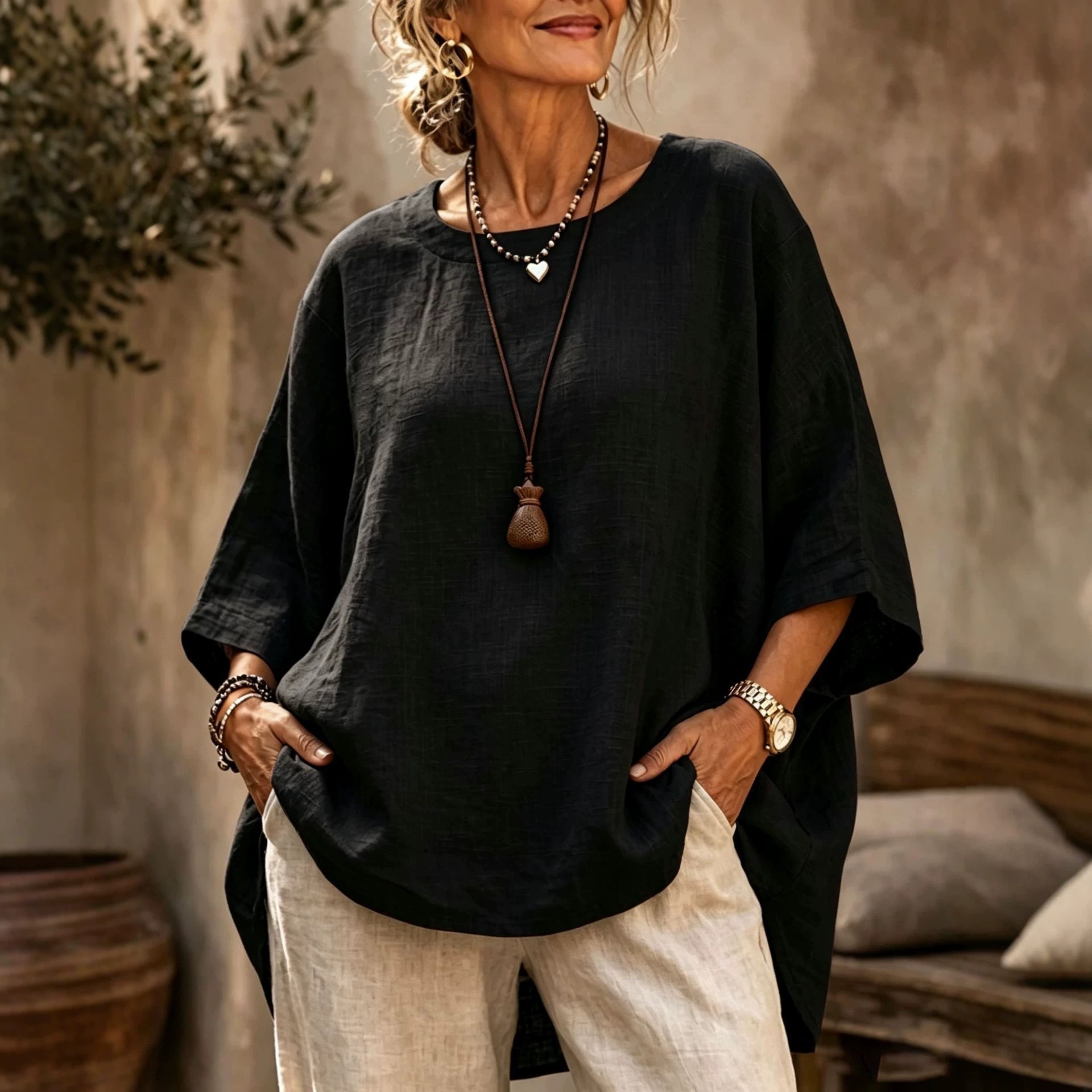 Women's Loose Round Neck Solid Cotton Linen 3/4 Sleeve Top