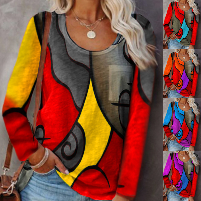 Women's Colorblock Geometric Print Long Sleeve T-Shirt