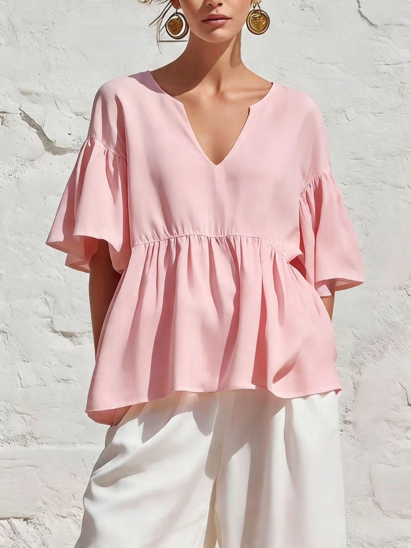 Women's Solid V-Neck Ruffle Sleeve Loose Knit Top