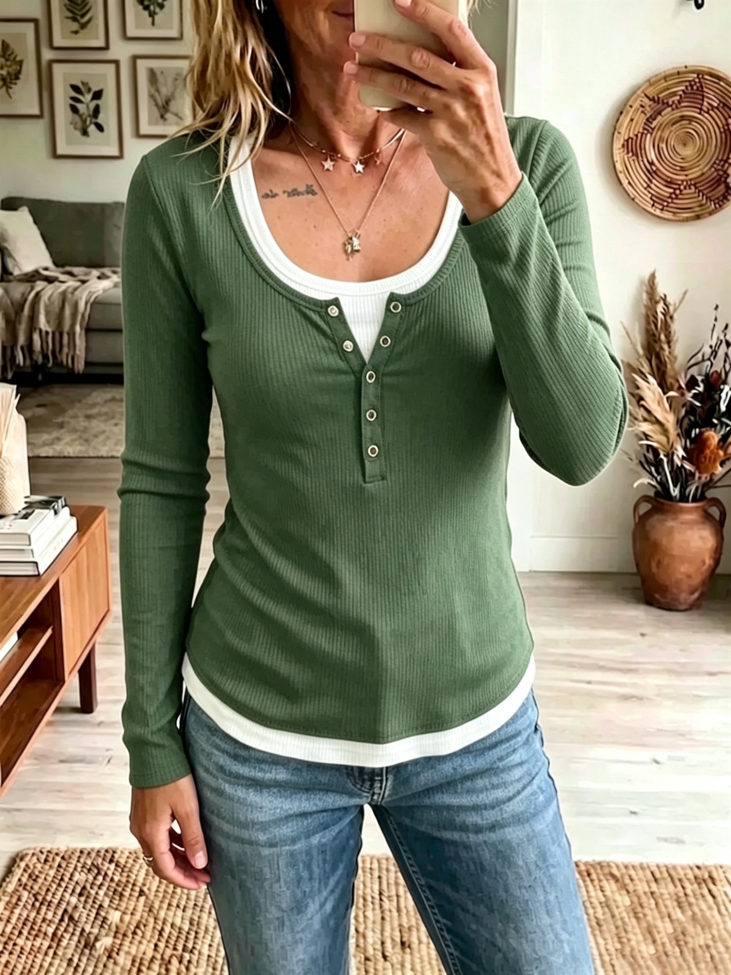 Women's Color-Block Faux-Layer Slim Long-Sleeve T-Shirt