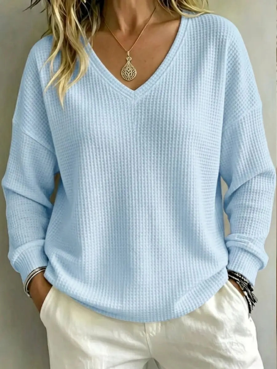 Women's Waffle Knit V-Neck Pullover Loose Casual Top