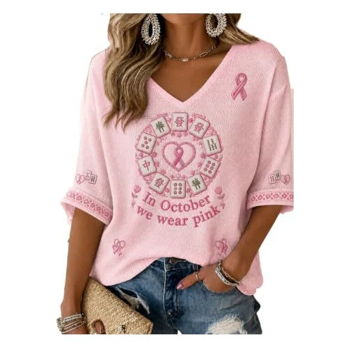 Ribbon Floral Mahjong Print V-Neck Mid-Sleeve T-Shirt