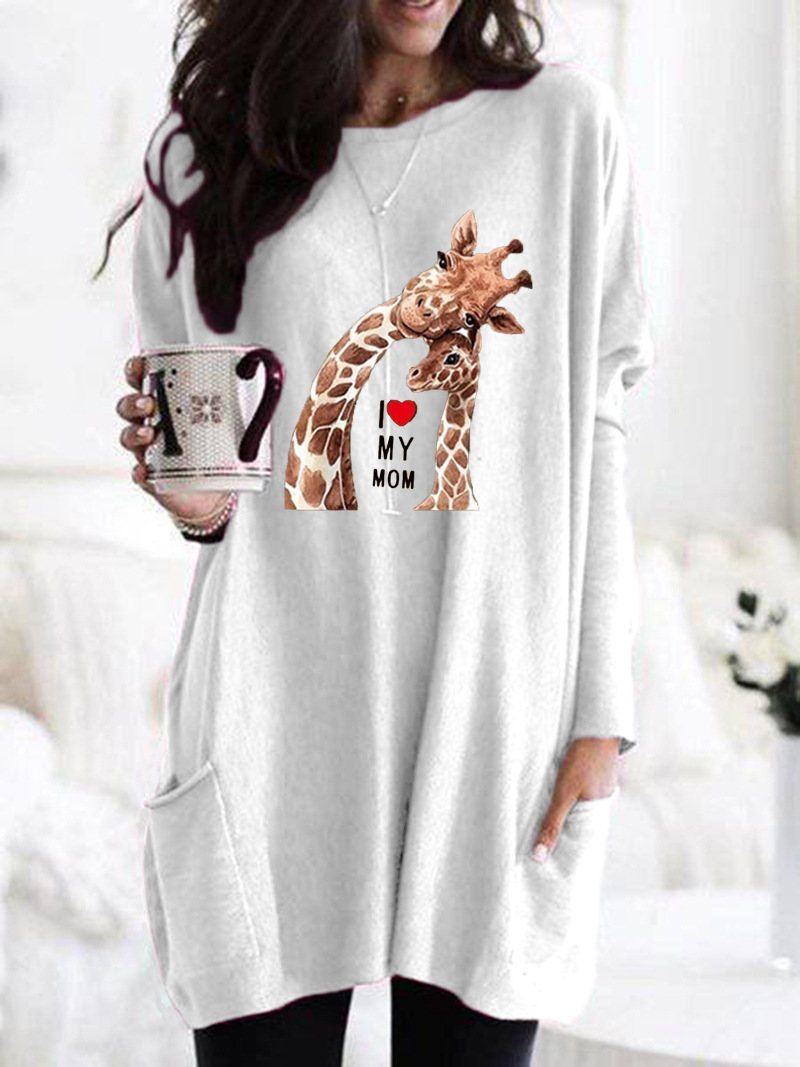 Giraffe Mother Print Long Sleeve Crewneck Loose T-Shirt