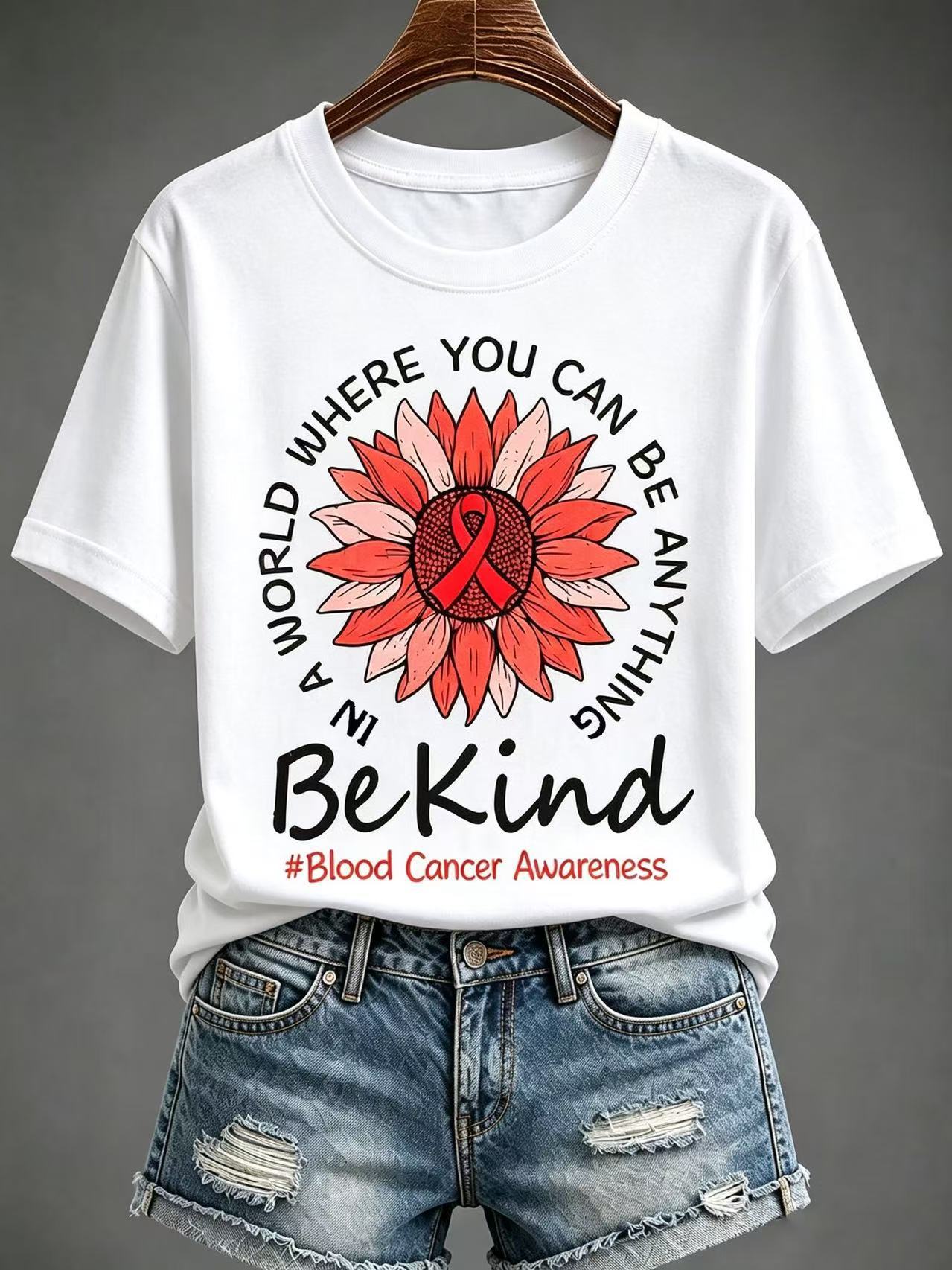 Sunflower Red Ribbon Letter Print Women's V-Neck Short Sleeve T-Shirt