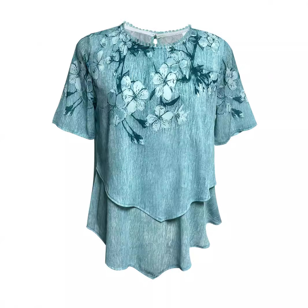 Floral Print Round Neck Asymmetric Short Sleeve Double-Layer Top