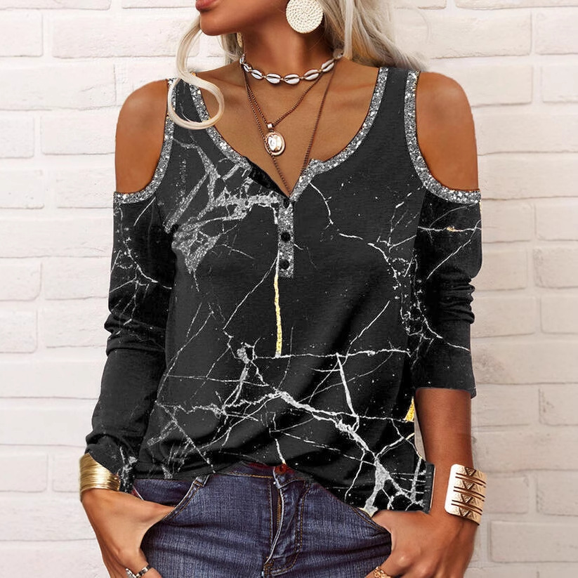Women's Long Sleeve Crackle Print Off-Shoulder T-Shirt