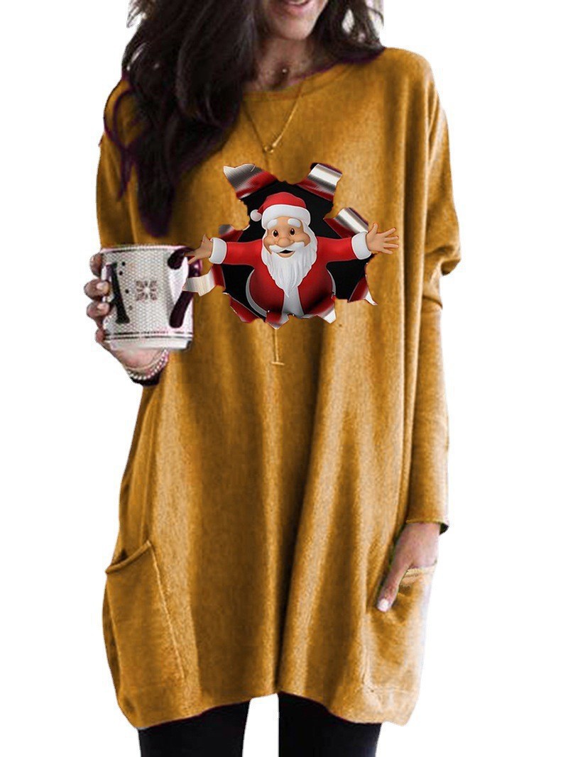 Christmas Santa Print Long Sleeve Crewneck Casual T-Shirt for Women