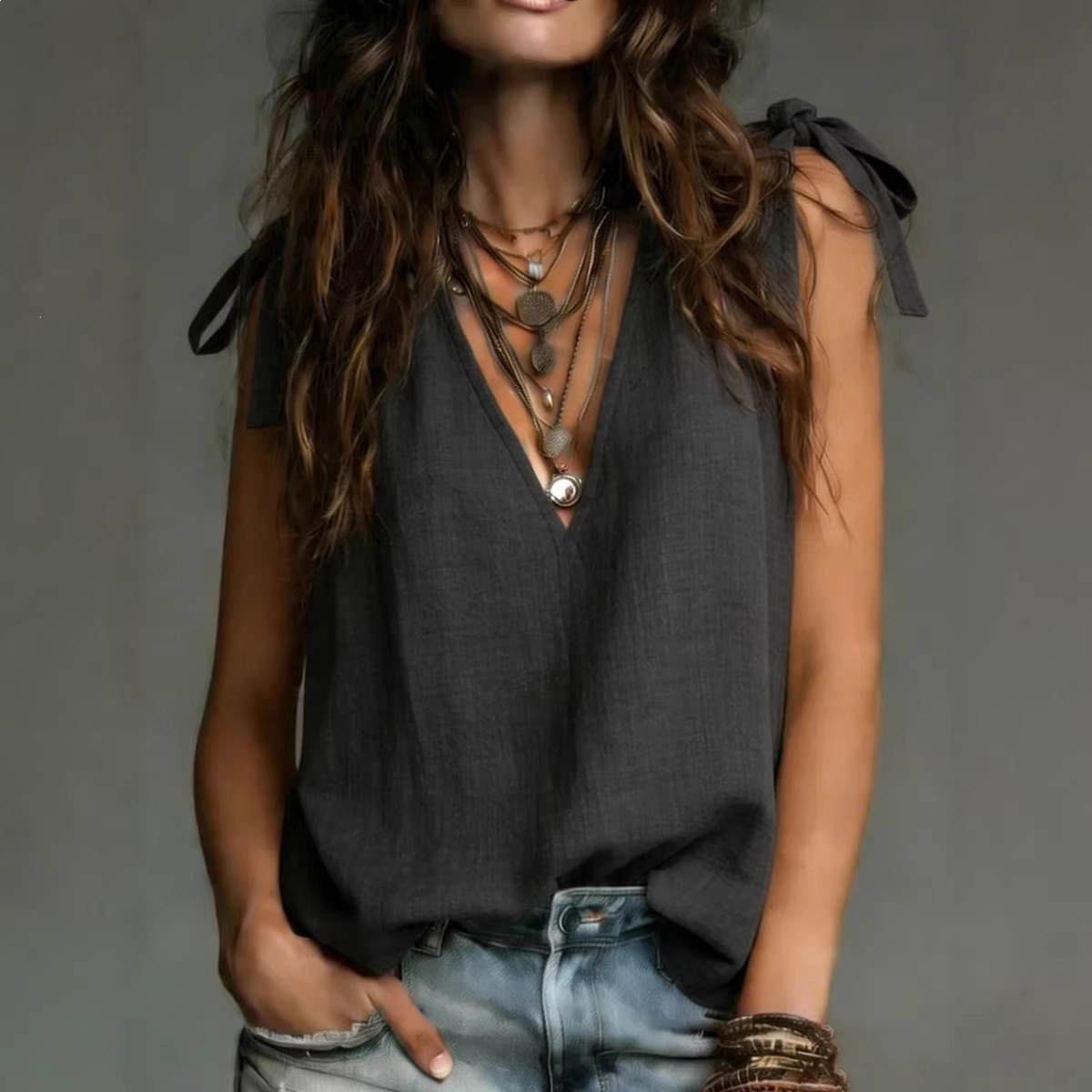 Women's V-Neck Tie-Front Sleeveless Solid Top
