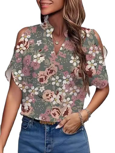 Women's Floral Print V-Neck Cold Shoulder Blouse