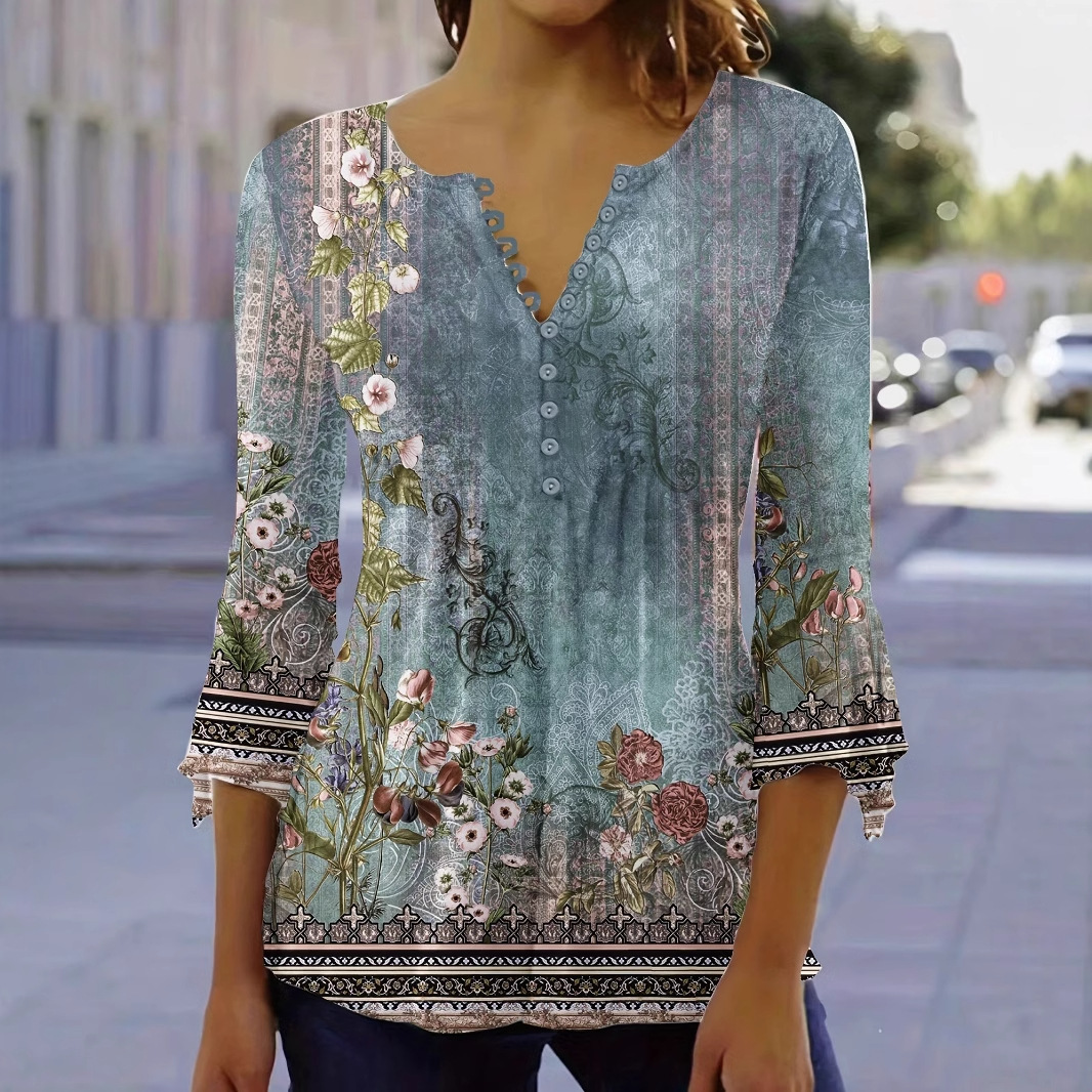 Women's Floral Print Button Bell Sleeve Three-Quarter Sleeve T-Shirt Top