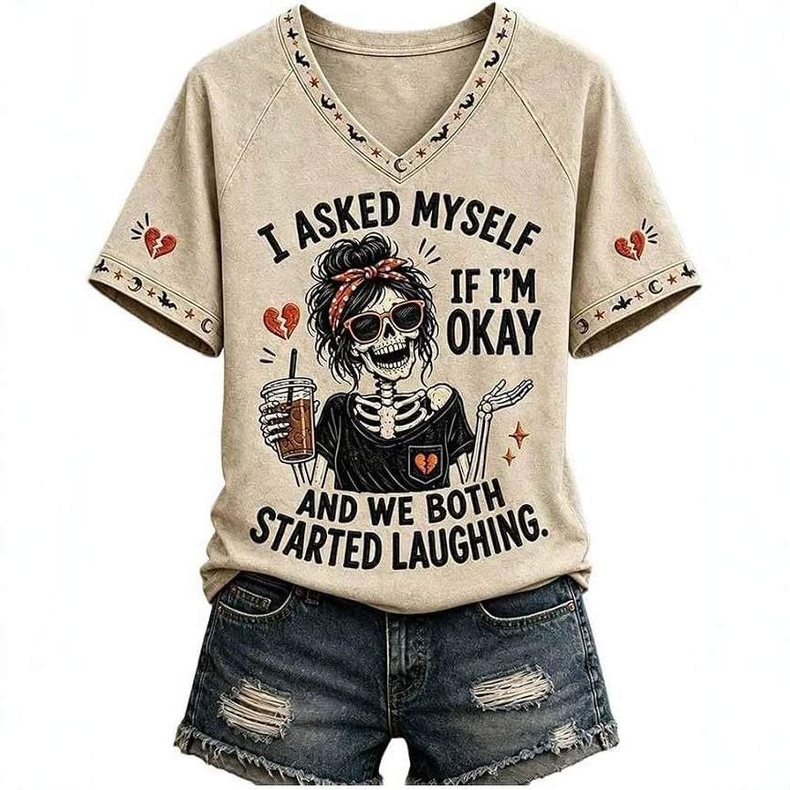 Skull Goblet Letter Print V-Neck Short Sleeve Women's T-Shirt