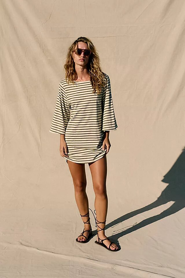 Colorblock Striped 3/4 Sleeve Round Neck Pullover Loose Long T-Shirt