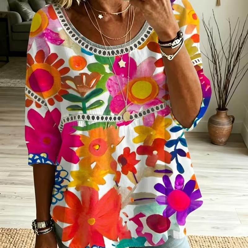 Plaid Floral Star Print Long Sleeve Women's Top