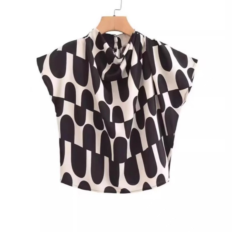 Women's Loose Wave Print Crew Neck Color Block Short Top