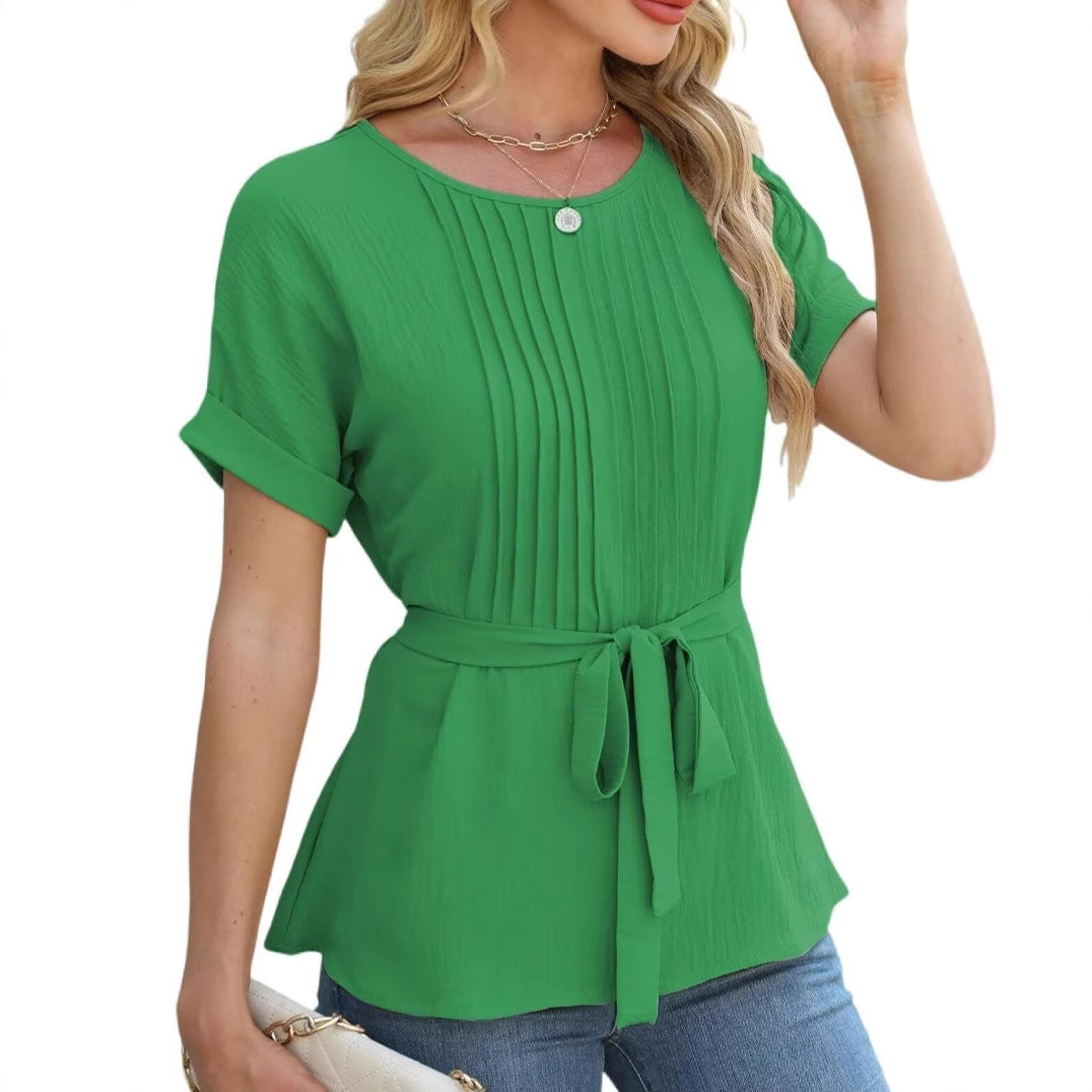 Women's Ruffle Trim Crewneck Short Sleeve Blouse