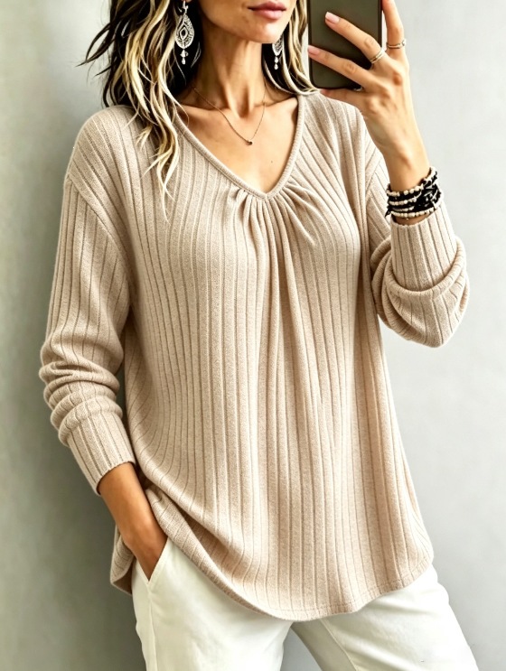 V-Neck Ribbed Brushed Long-Sleeve Loose Casual Top for Women