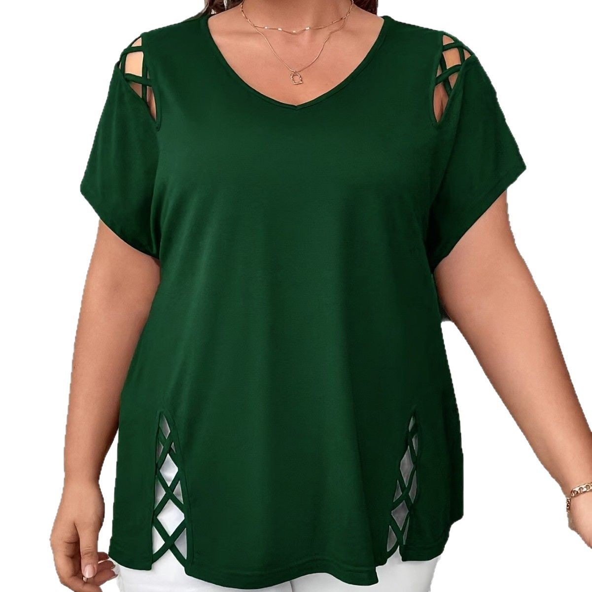 Plus Size V-Neck Cross-Strap Short Sleeve T-Shirt