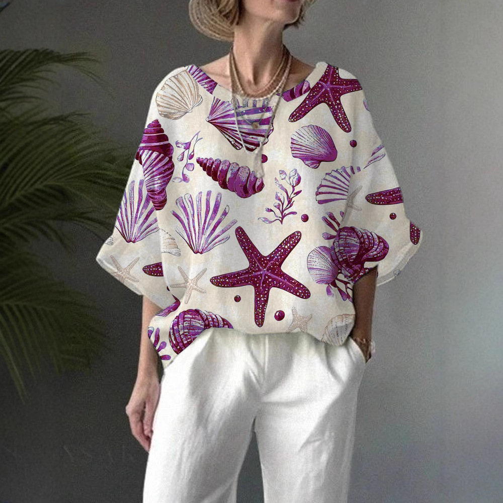 Women's Summer Digital Print Half-Sleeve Round Neck Loose Casual Top