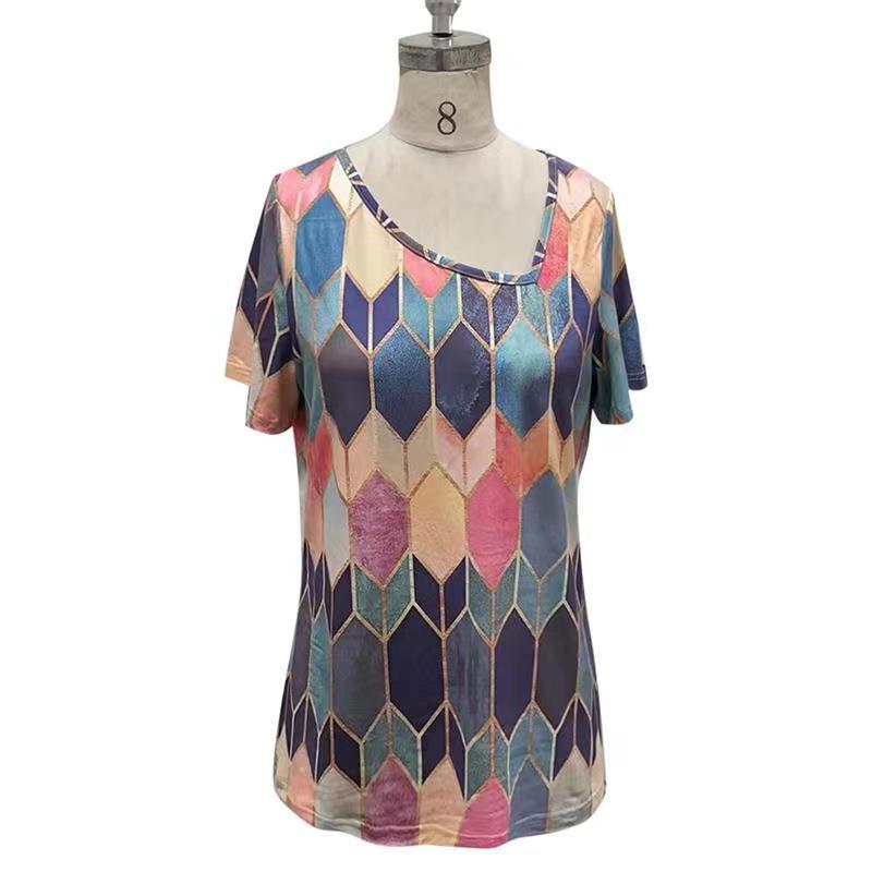 Women's Colorblock V-Neck Short Sleeve Printed Top T-Shirt