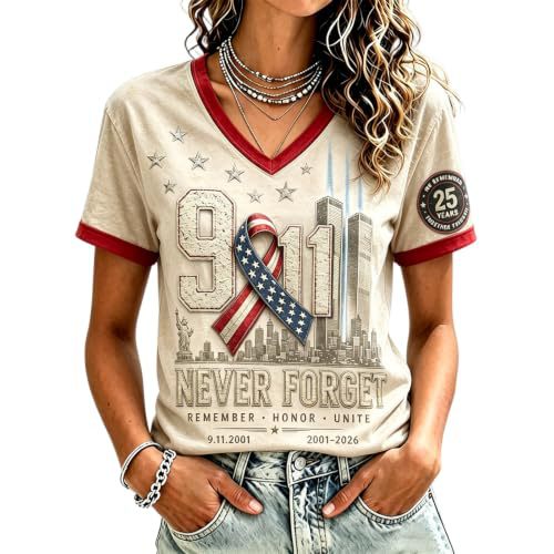 Twin Towers Anniversary Print V-Neck Short Sleeve Women's T-Shirt