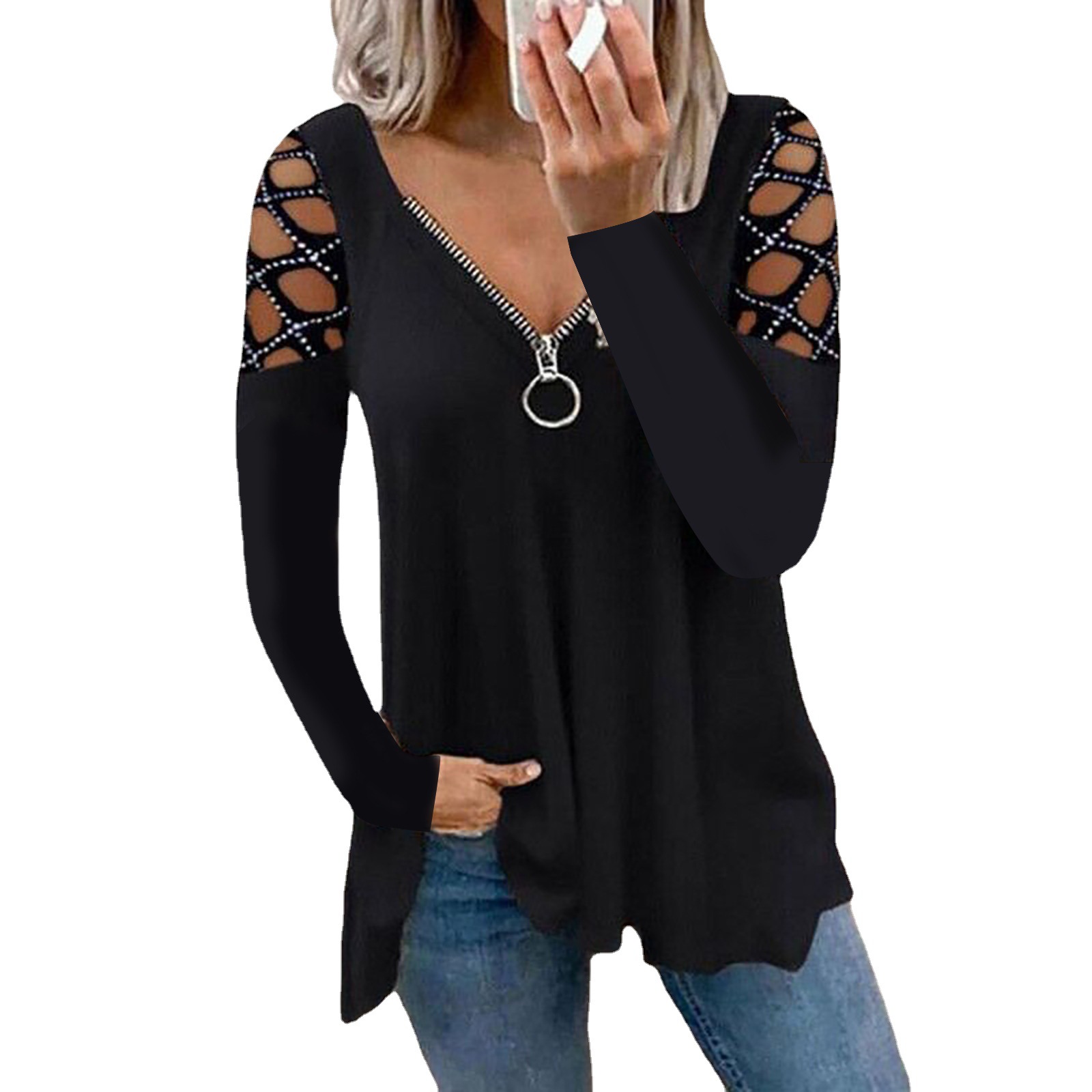 V-Neck Cutout Sleeve Rhinestone Casual Top
