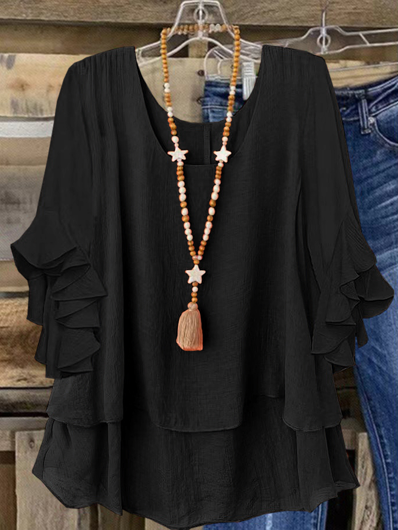 Women's Round Neck Flared Sleeve Loose Fit Casual Top
