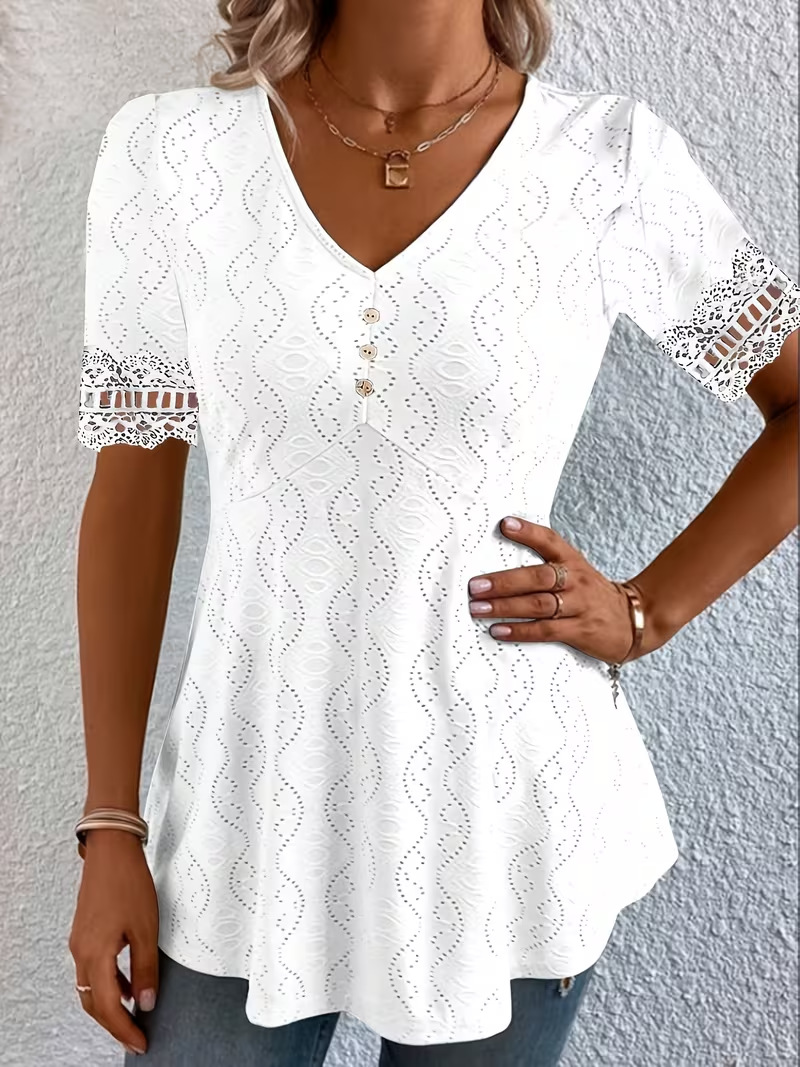 V-Neck Jacquard Lace Hollow-Out Waist-Cinched Short Sleeve Top