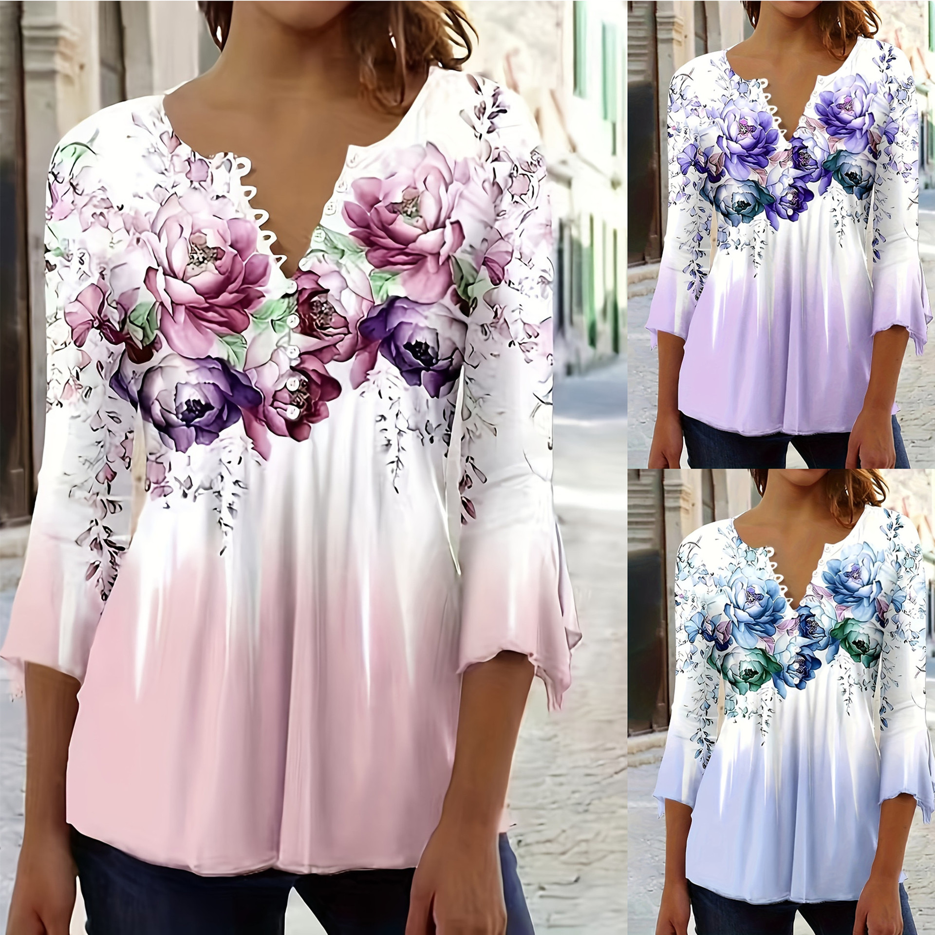 Women's V-Neck Button Floral Print Bell Sleeve Top
