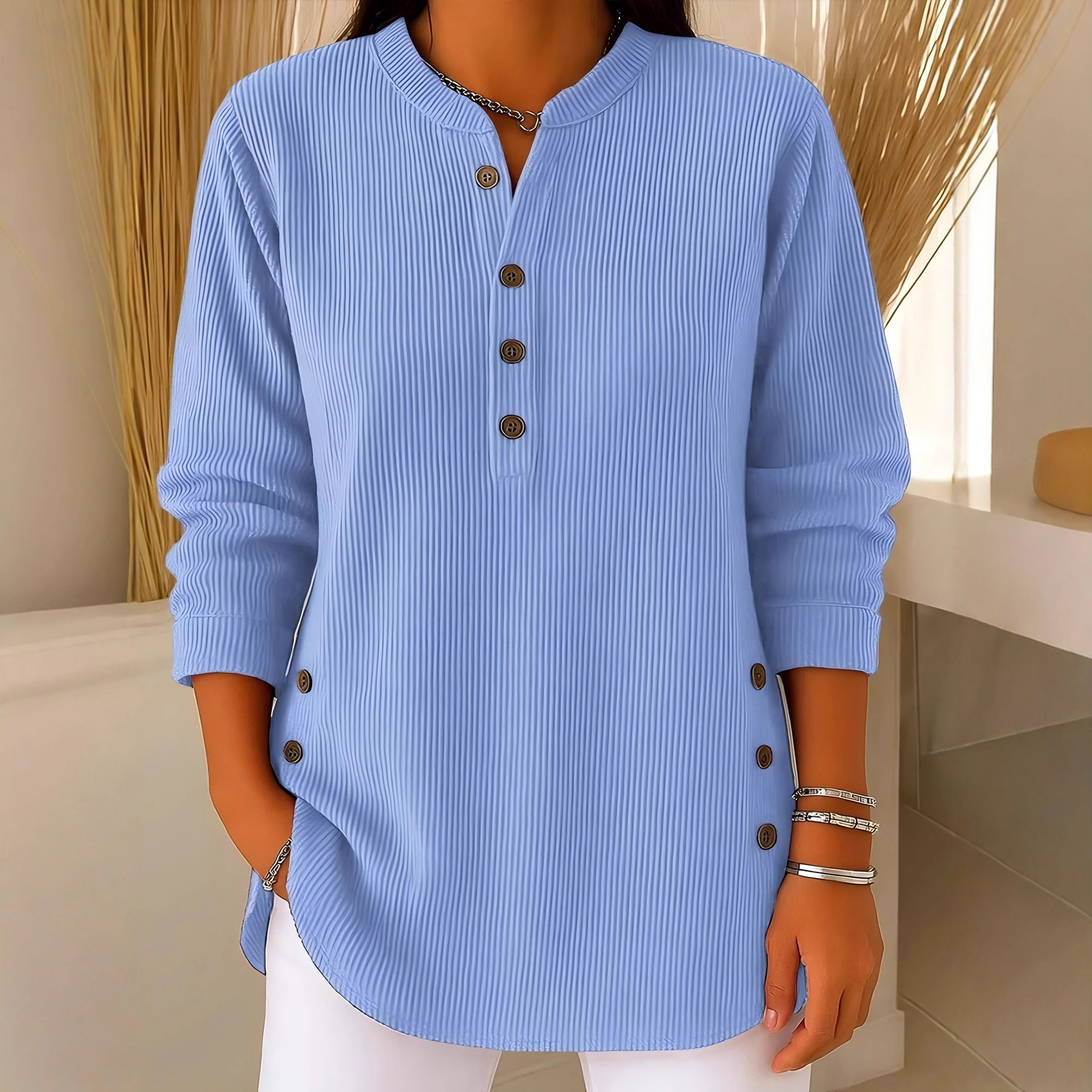 Corduroy Solid V-Neck Button Long-Sleeve Loose Fit Women's Top