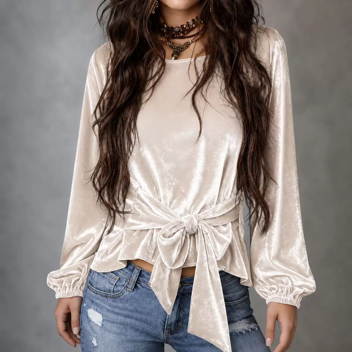 Women's Velvet Long-Sleeve Tie-Bow Slim Fit Top