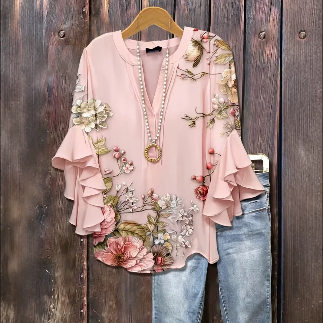 Floral Print Rolled Sleeve V-Neck Women's Top