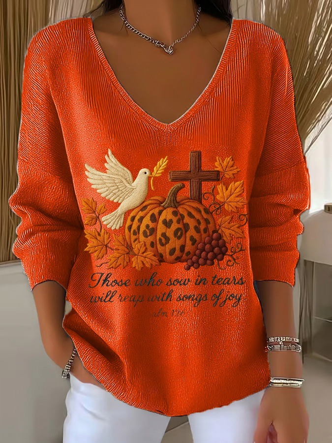 Colorful Leaf Striped V-Neck Long-Sleeve T-Shirt for Women
