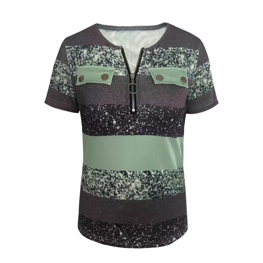 V-Neck Colorblock Print Zip-Up Top