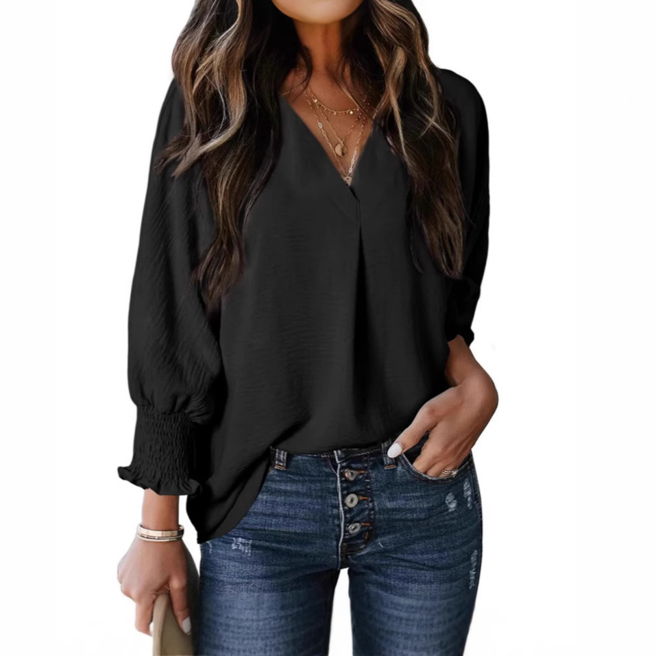 Women's V-Neck Long Sleeve Loose Blouse Top