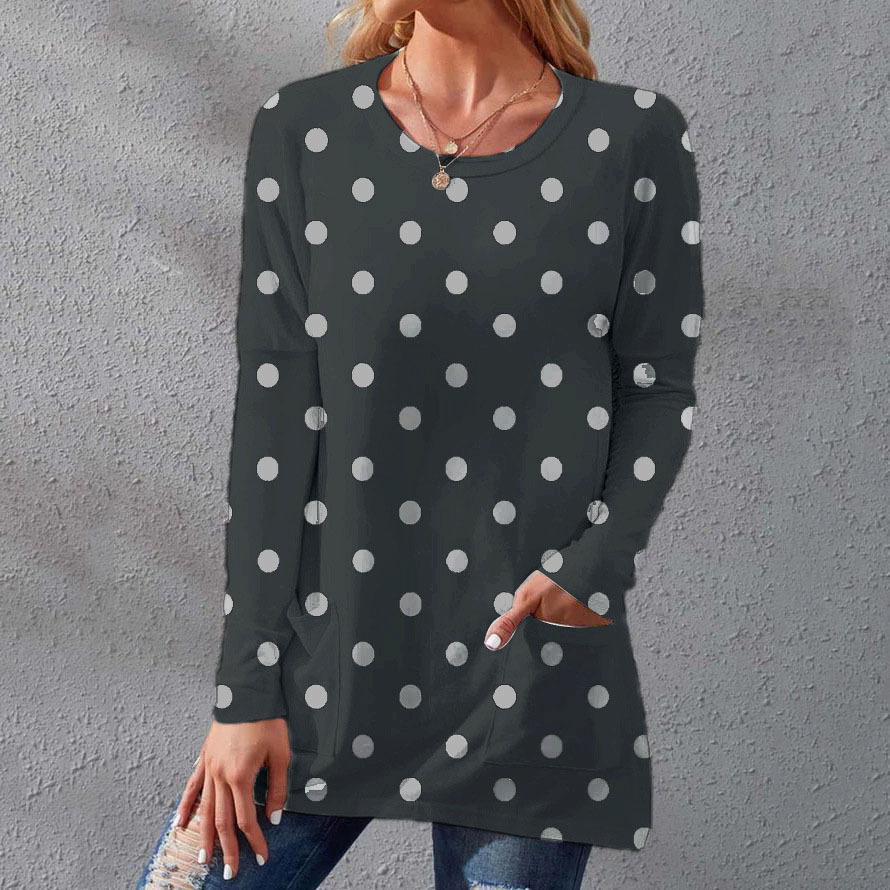 Polka Dot Print Crew Neck Loose Long Sleeve T-Shirt