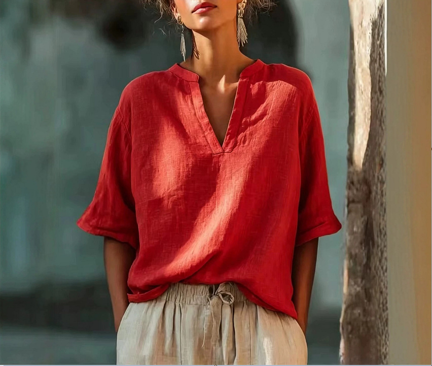 Women's Solid V-Neck Three-Quarter Sleeve Cotton-Linen Top