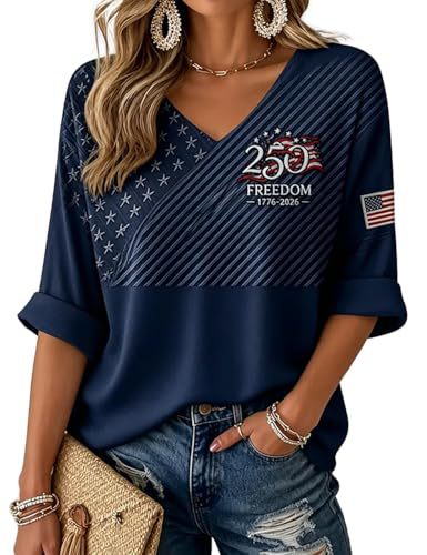 American Flag Print V-Neck Short Sleeve Women's T-Shirt
