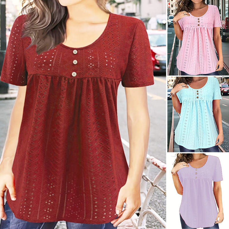 Women's Round Neck Short Sleeve Pleated Front Loose Solid Color T-Shirt