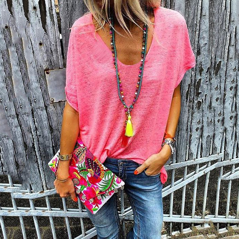 Candy Color V-Neck Short Sleeve T-Shirt for Women