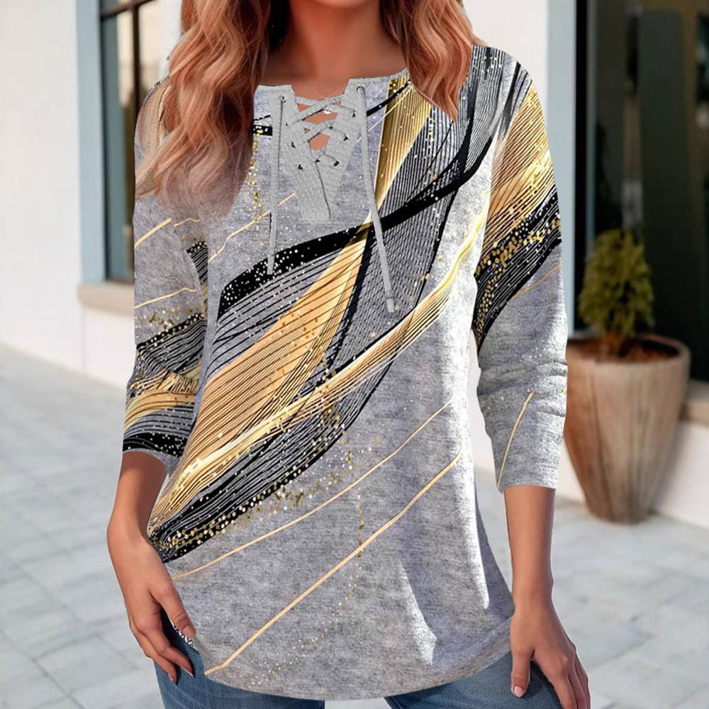 Striped V-Neck Long Sleeve Print T-Shirt Women's Loose Fit