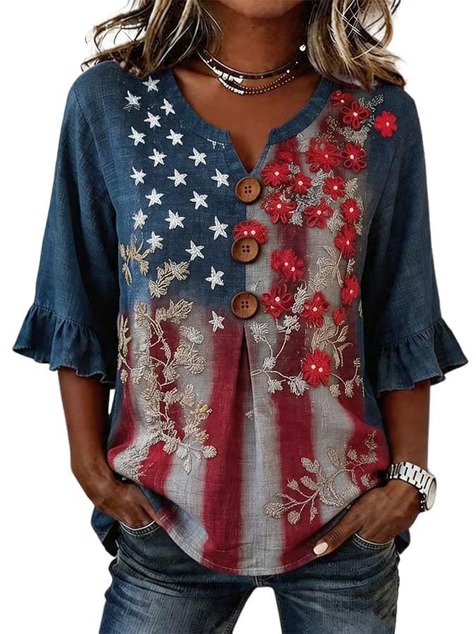 Women's American Floral Flag Print V-Neck Half-Sleeve T-Shirt