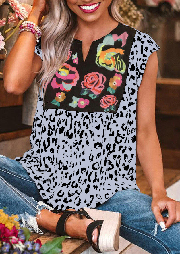 Leopard Print Patchwork Short Sleeve V-Neck T-Shirt for Women