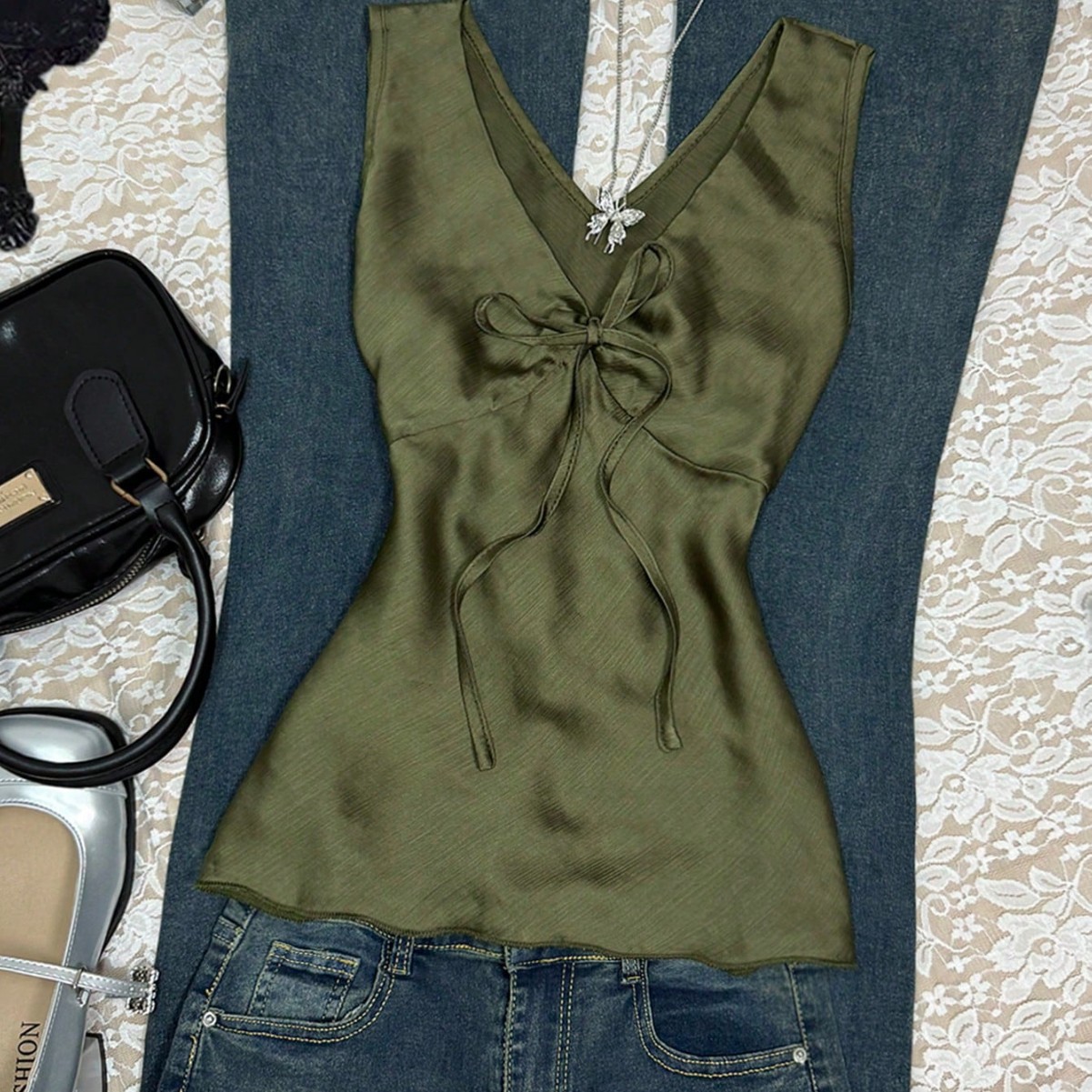 V-Neck Tie Bow Slim Fit Cami Top