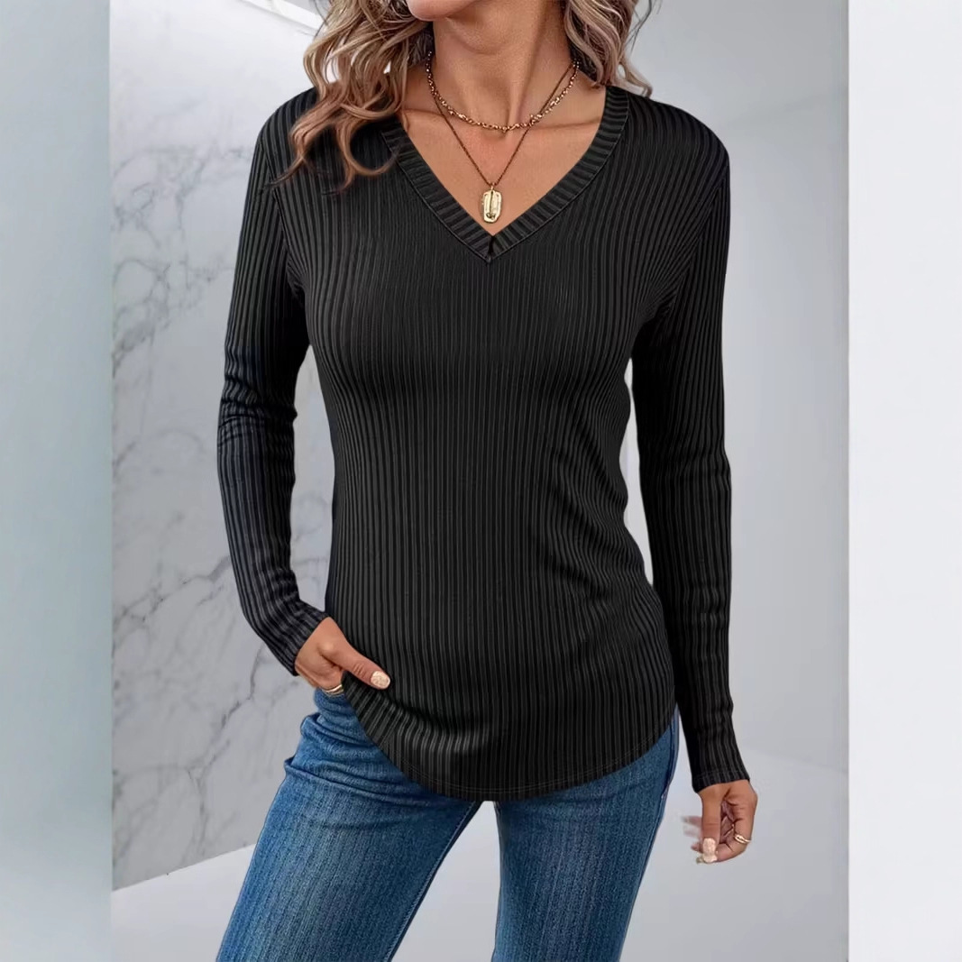 Women's Solid V-Neck Long Sleeve T-Shirt Regular Fit Casual Elegant