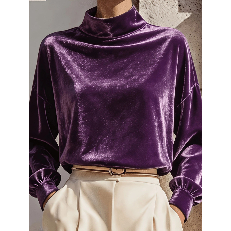 Velvet Mock Neck Long Sleeve Loose Fit Top